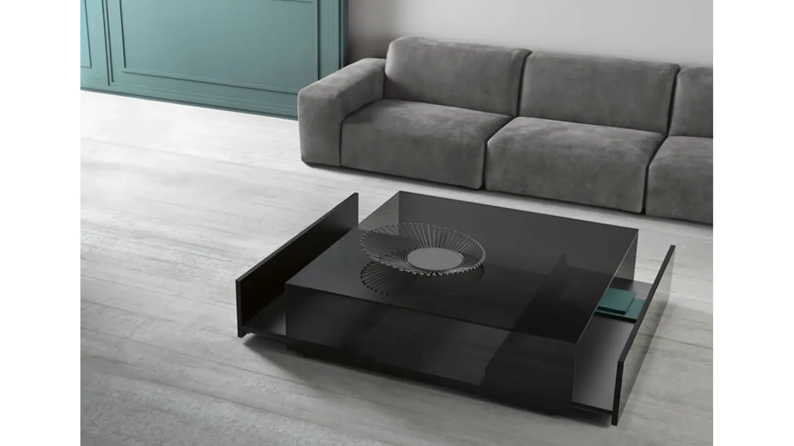 Tavolino in vetro con cassetti interni in legno Gotham di Tonelli