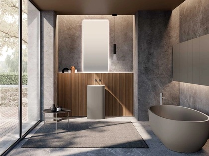 Mobile da Bagno M2 System 232 in legno impiallacciato di Eucalipto e lavabo laccato di Baxar