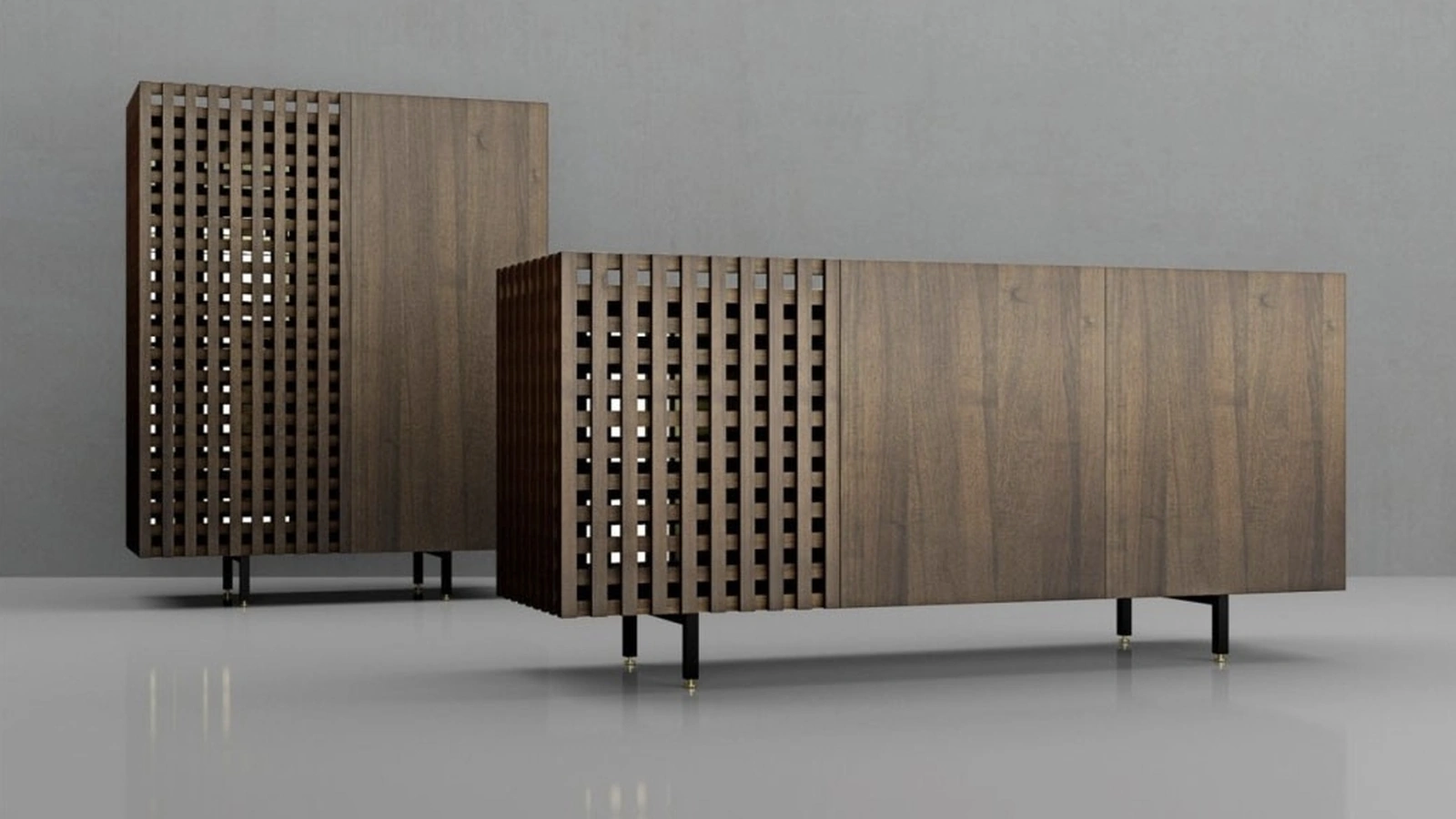 Madia caratterizzata dall’alternanza tra ante in legno pieno e ante a griglia con basamento in metallo Aurora di Pacini e Cappellini
