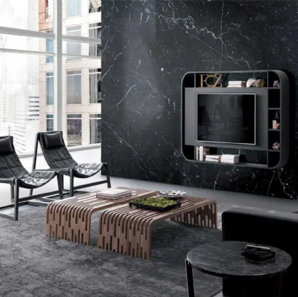 Mobile Porta Tv a muro in legno con libreria dalle forme arrotondate Vision TV di Pacini e Cappellini