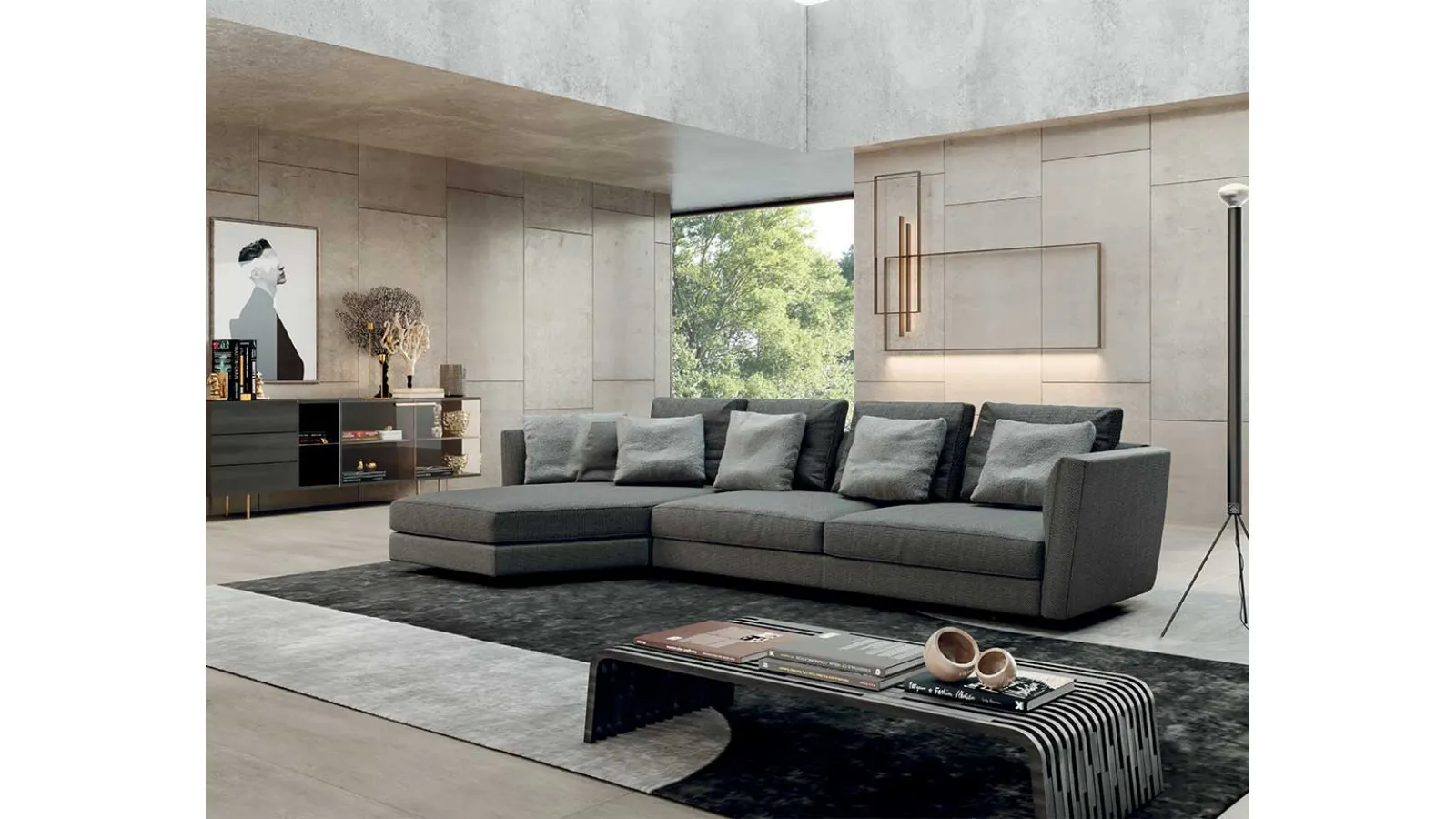 Divano in tessuto con penisola dalla forma asimmetrica Ester di Pacini e Cappellini