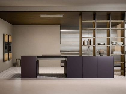 Cucina Design con penisola C07 in laccato, legno e acciaio di Copat Life